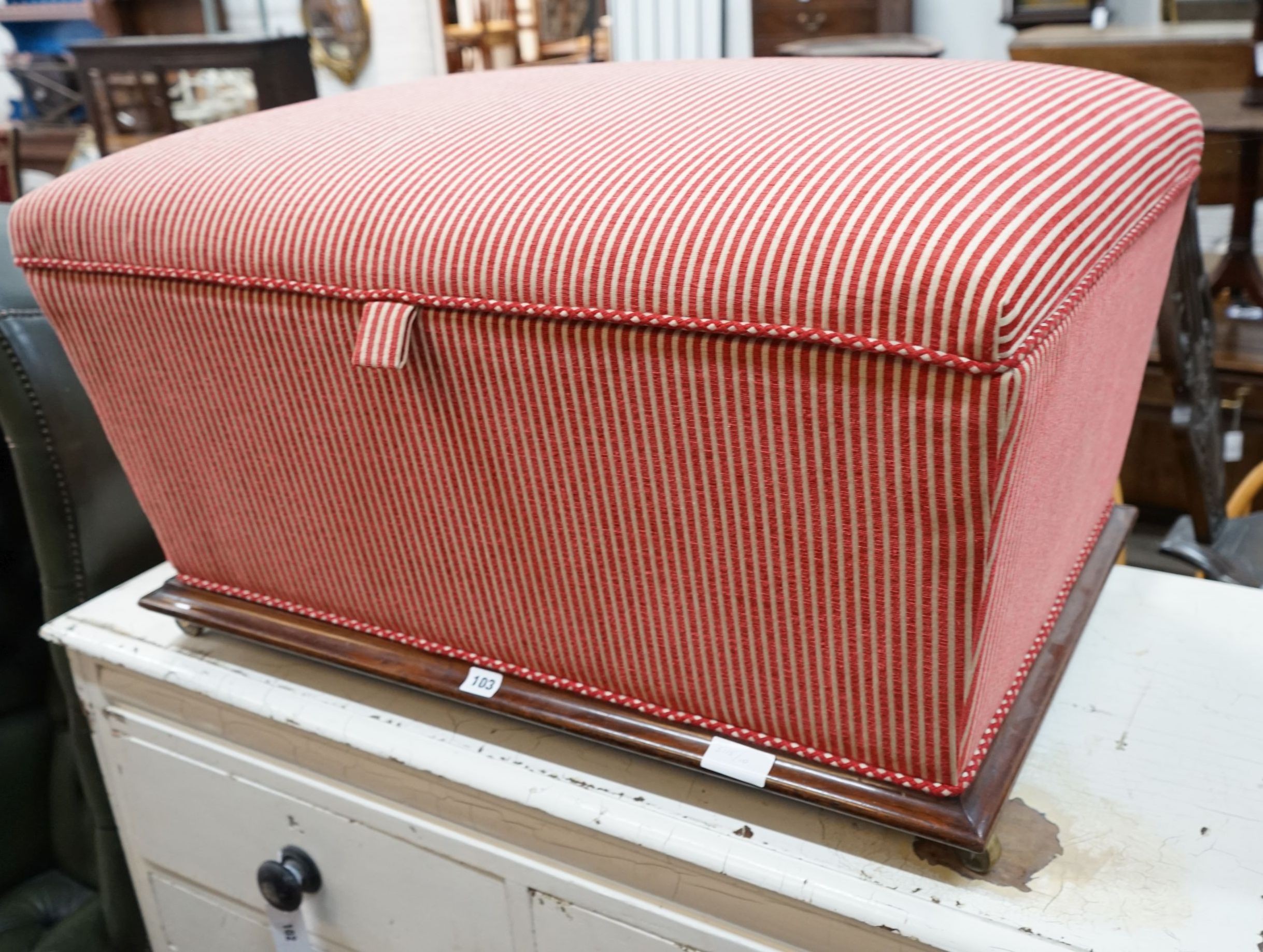 A Victorian rosewood ottoman, recently re-upholstered, width 83cm, depth 53cm, height 50cm